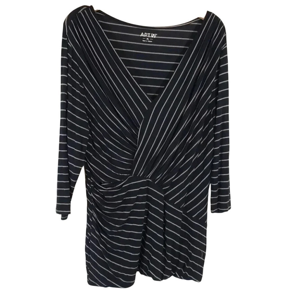 Apt 9 Womens XL Black White Striped Surplice V-Neck Ruched Faux Wrap Top 3/4 Slv